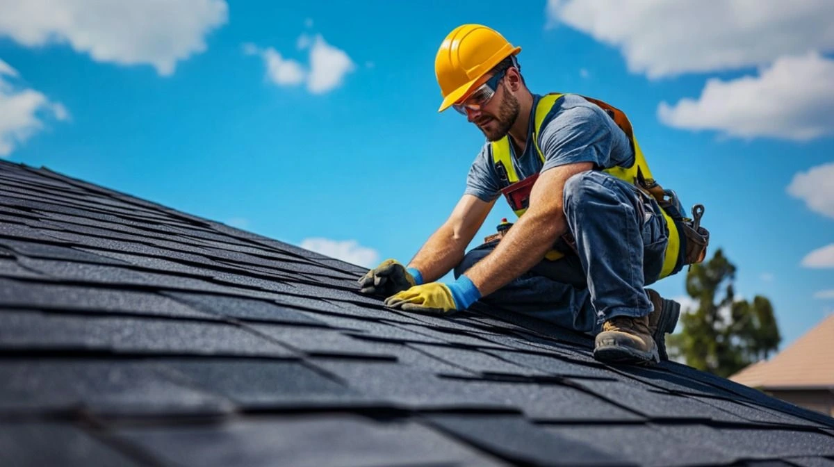 precision roof crafters Roofer installing asphalt shingles on a residential roof under a bright sky, wearing safety gear and a hard hat.
